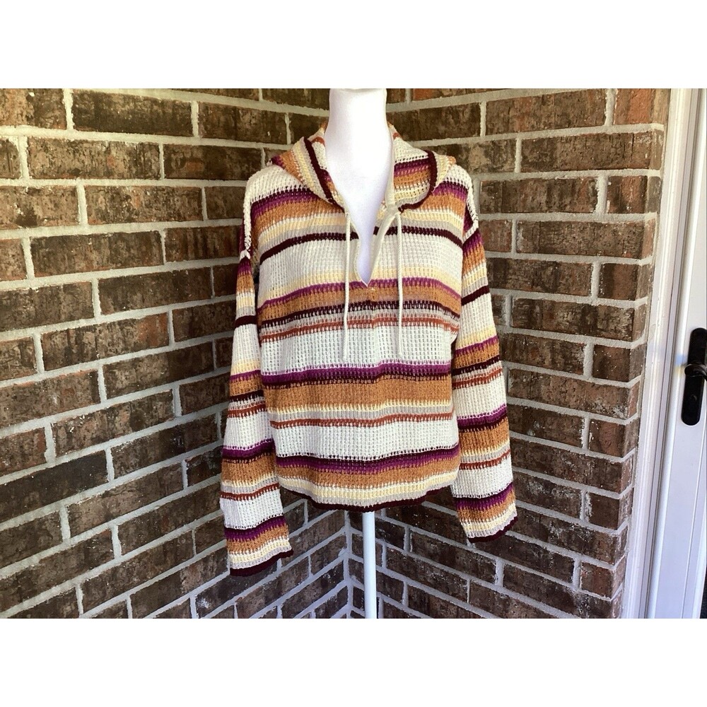 Pull & Bear Women’s Striped Crochet Hoodie Pullover Knit Medium Beach Bohemian